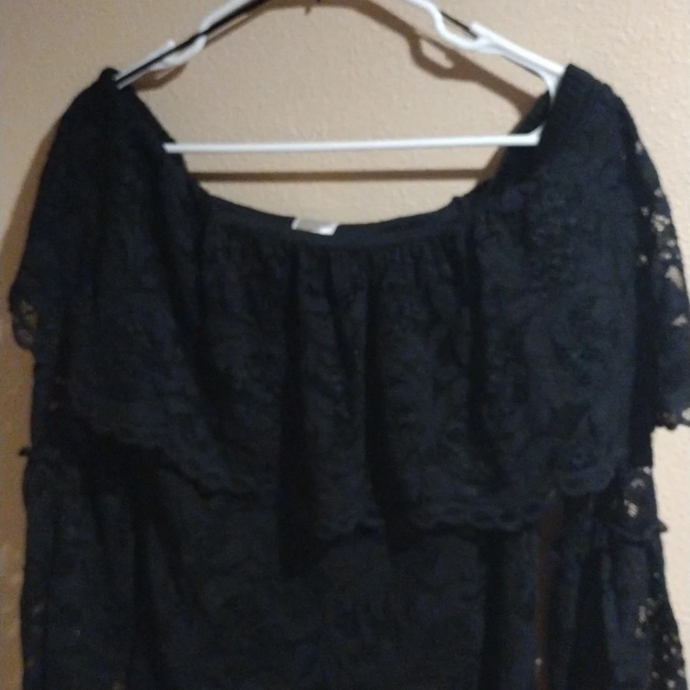 Black Lace Bell Sleeve Open Shoulder Dress Top M